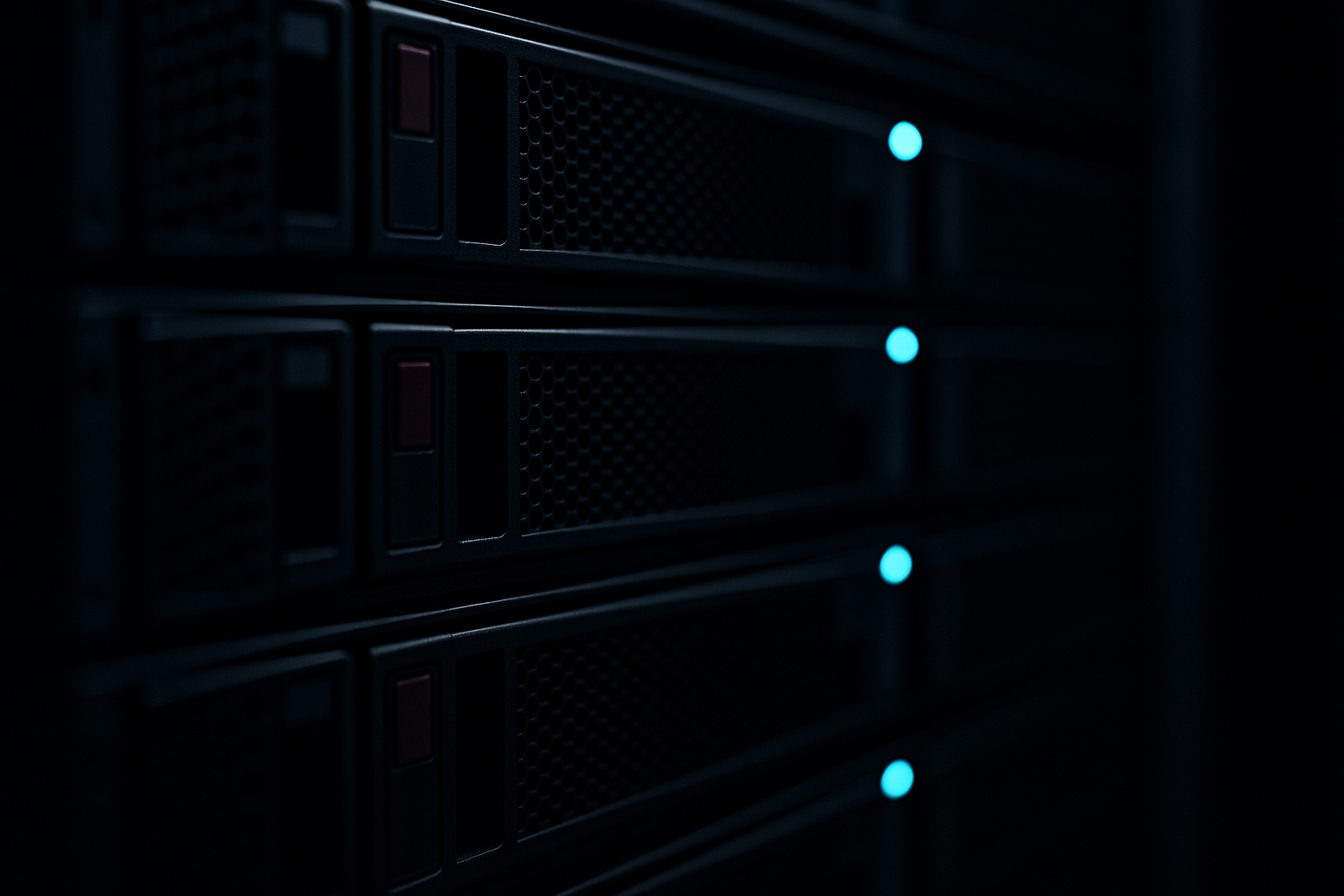 Серверна стійка з VPS серверами в затемненому освітленні