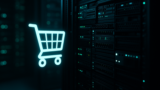Серверна кімната з неоновим символом кошика — вибір хостингу для інтернет-магазину