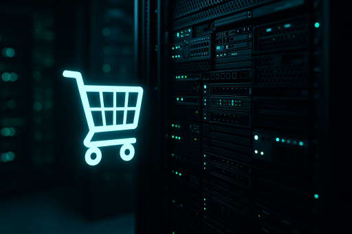 Серверна кімната з неоновим символом кошика — вибір хостингу для інтернет-магазину