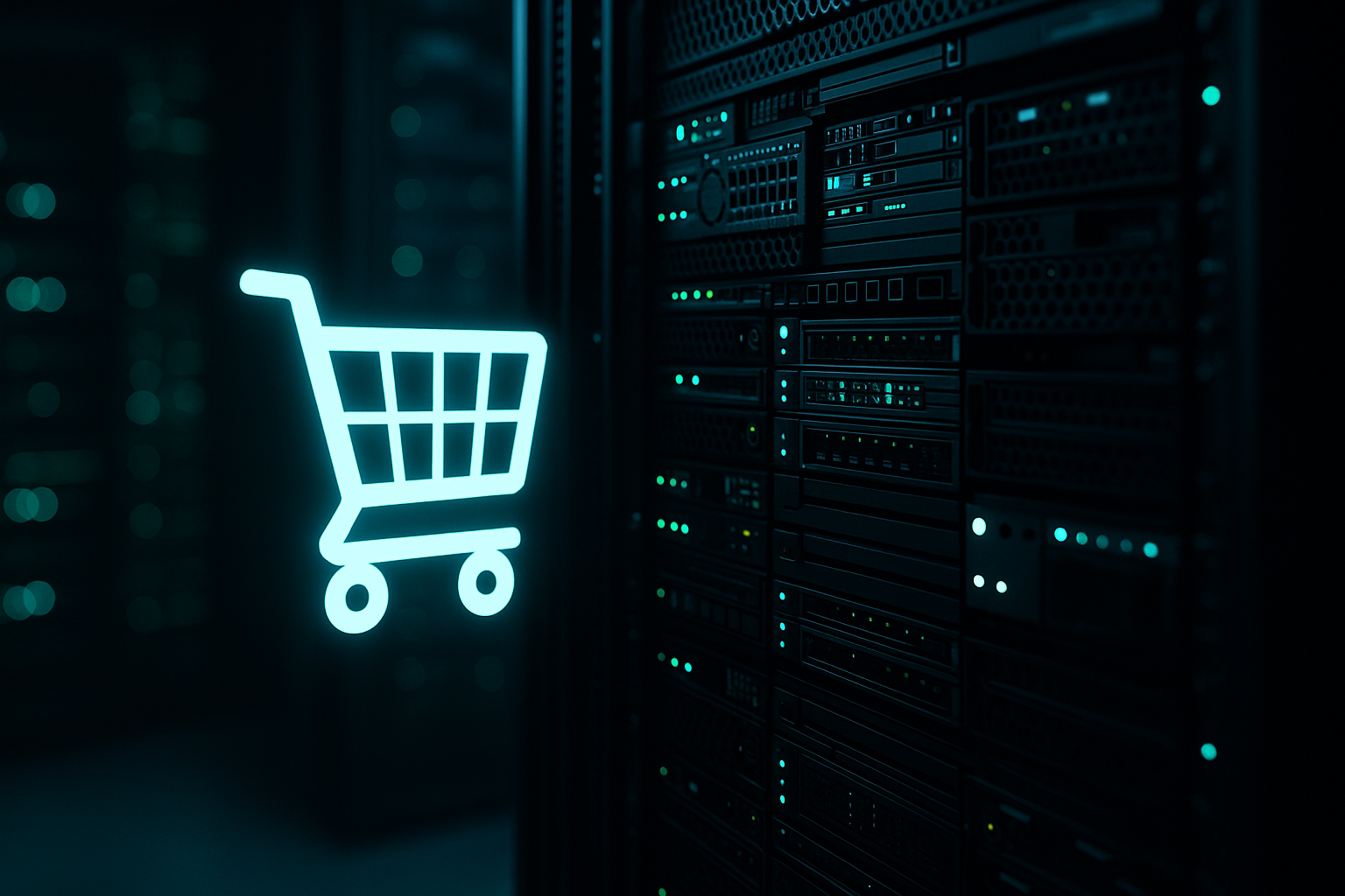 Серверна кімната з неоновим символом кошика — вибір хостингу для інтернет-магазину