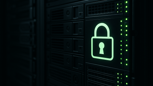 Серверна кімната з іконкою замка — символ захисту даних і шифрування SSL