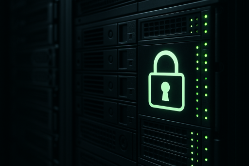 Серверна кімната з іконкою замка — символ захисту даних і шифрування SSL