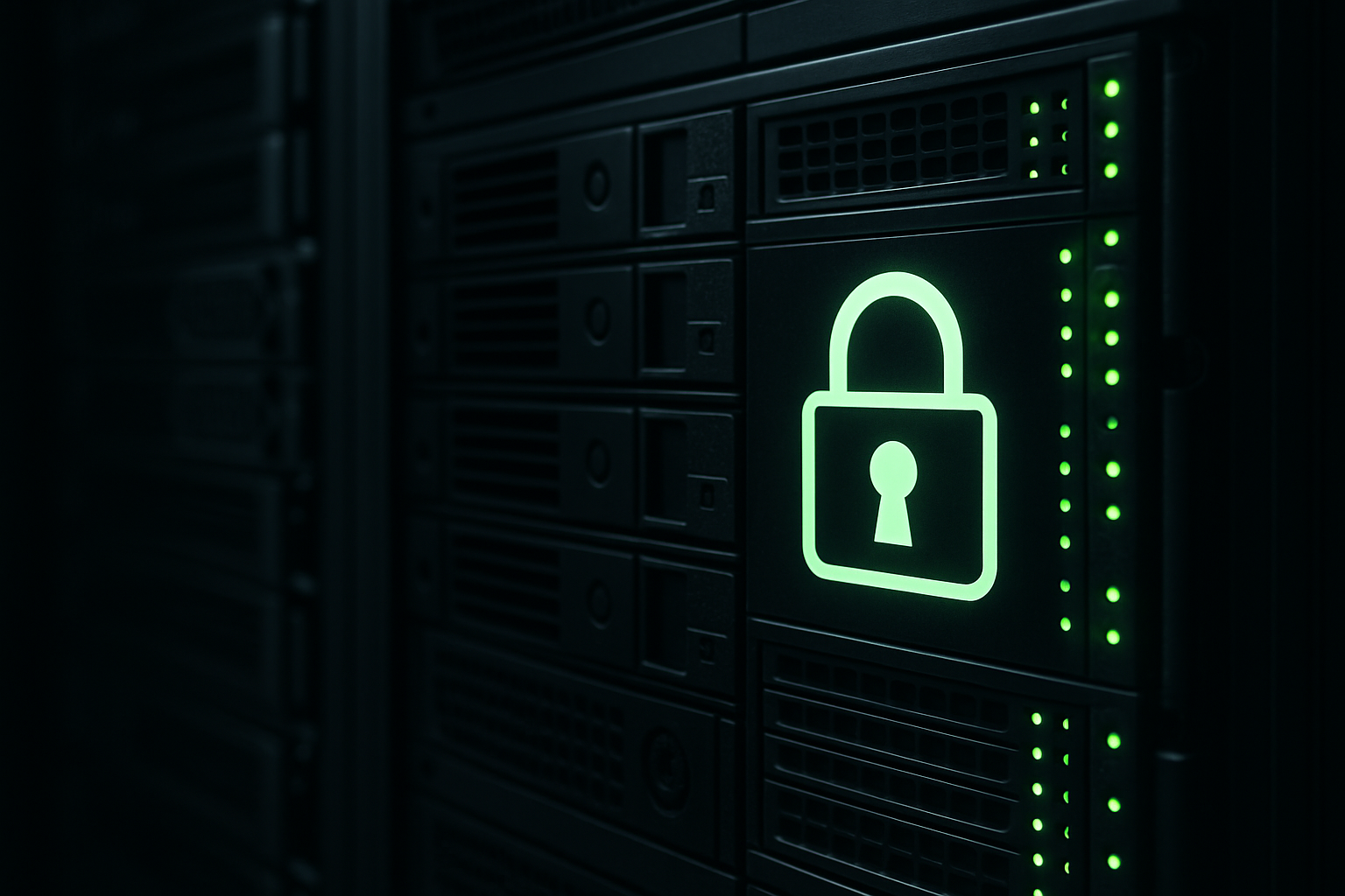 Серверна кімната з іконкою замка — символ захисту даних і шифрування SSL