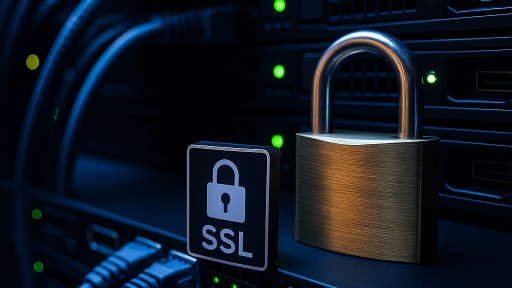 Серверна кімната із замком і знаком SSL, що символізує безпечне з’єднання та встановлення сертифіката SSL
