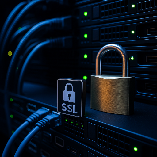 Серверна кімната із замком і знаком SSL, що символізує безпечне з’єднання та встановлення сертифіката SSL