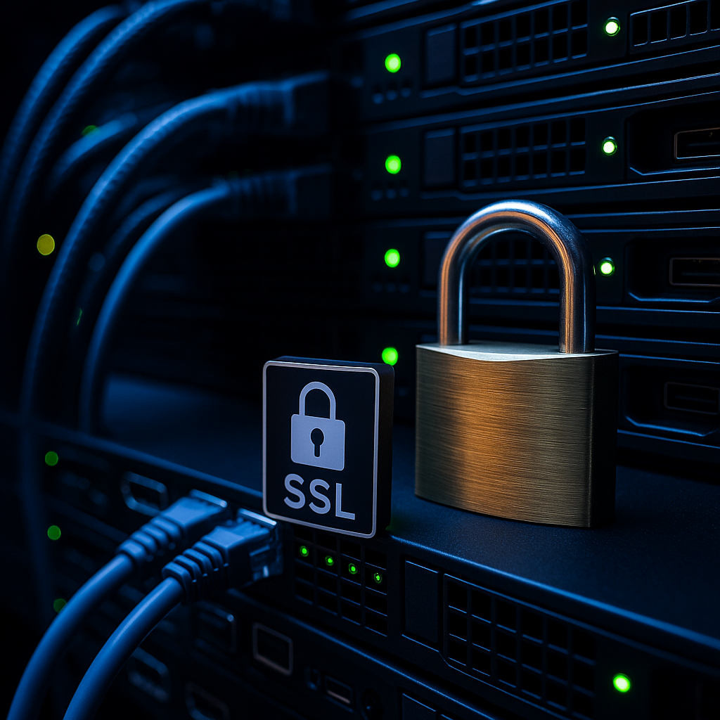 Серверна кімната із замком і знаком SSL, що символізує безпечне з’єднання та встановлення сертифіката SSL