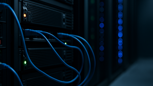 Сучасна серверна кімната з підключеними кабелями — вибір VPS-хостингу для бізнесу у 2025 році