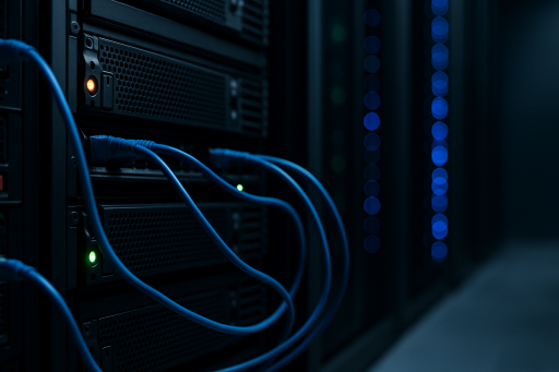 Сучасна серверна кімната з підключеними кабелями — вибір VPS-хостингу для бізнесу у 2025 році