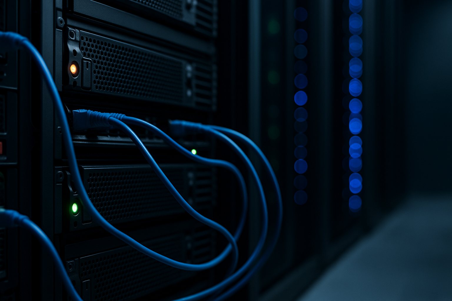 Сучасна серверна кімната з підключеними кабелями — вибір VPS-хостингу для бізнесу у 2025 році